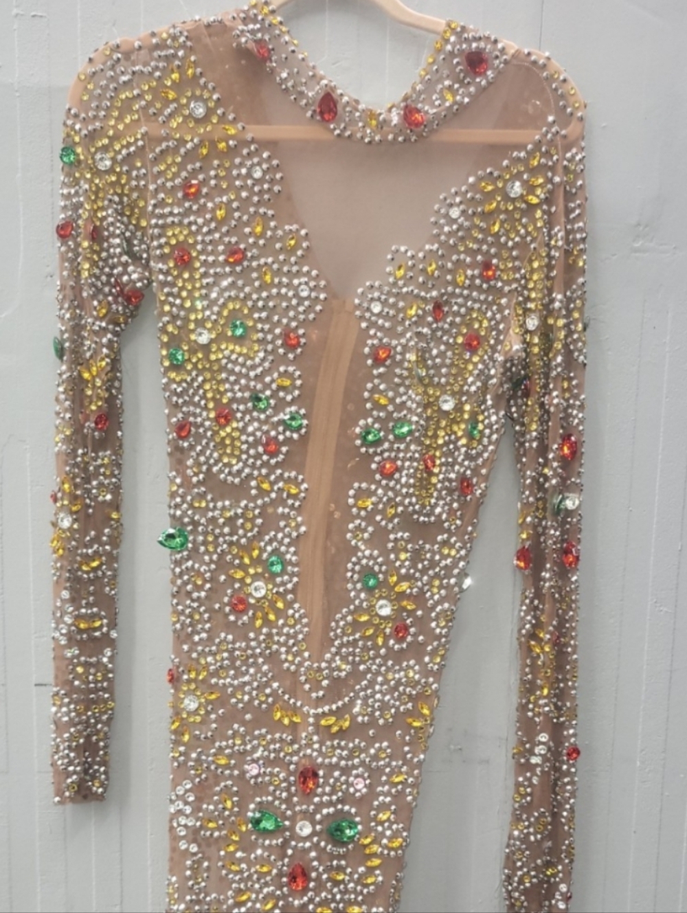 BEAUTIFUL Rhinestone-Embellished Nude Long Sleeve Mermaid Gown